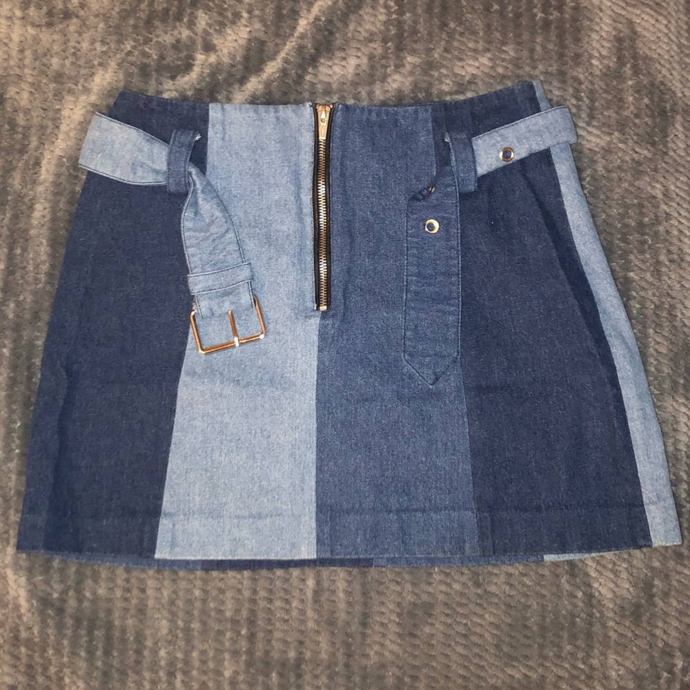Mixed Denim Mini Skirt With Belt